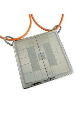 Hermes Symbol Pendant Leather Metal Orange Silver Necklace